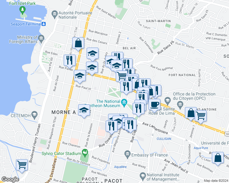 map of restaurants, bars, coffee shops, grocery stores, and more near Avenue de la Liberte in Port-au-Prince