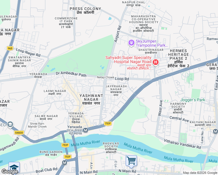 map of restaurants, bars, coffee shops, grocery stores, and more near Off Airport Road in Pune