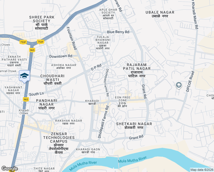 map of restaurants, bars, coffee shops, grocery stores, and more near 1 Dholepatil Farms Road in Pune
