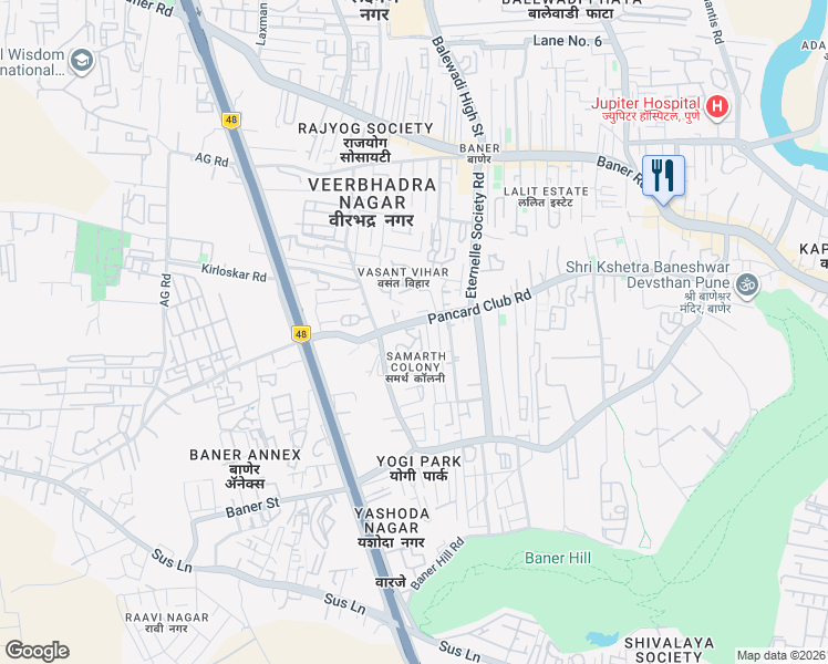 map of restaurants, bars, coffee shops, grocery stores, and more near Sutarwadi Baner Gaon Road in Pune