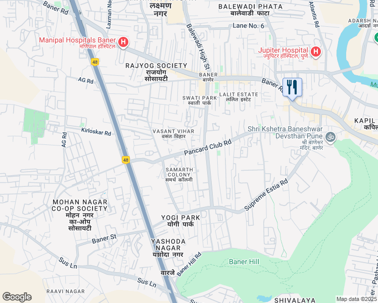 map of restaurants, bars, coffee shops, grocery stores, and more near Sutarwadi Baner Gaon Road in Pune