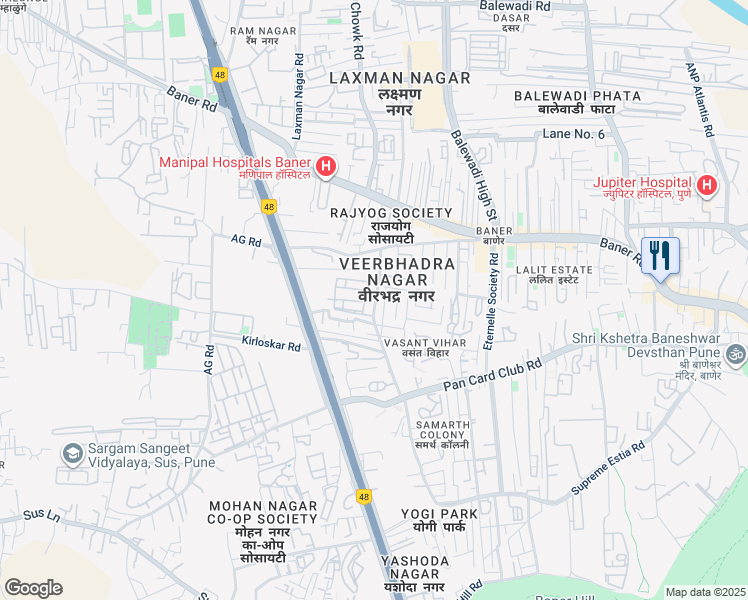 map of restaurants, bars, coffee shops, grocery stores, and more near Baner Mahalunge Road in Pune