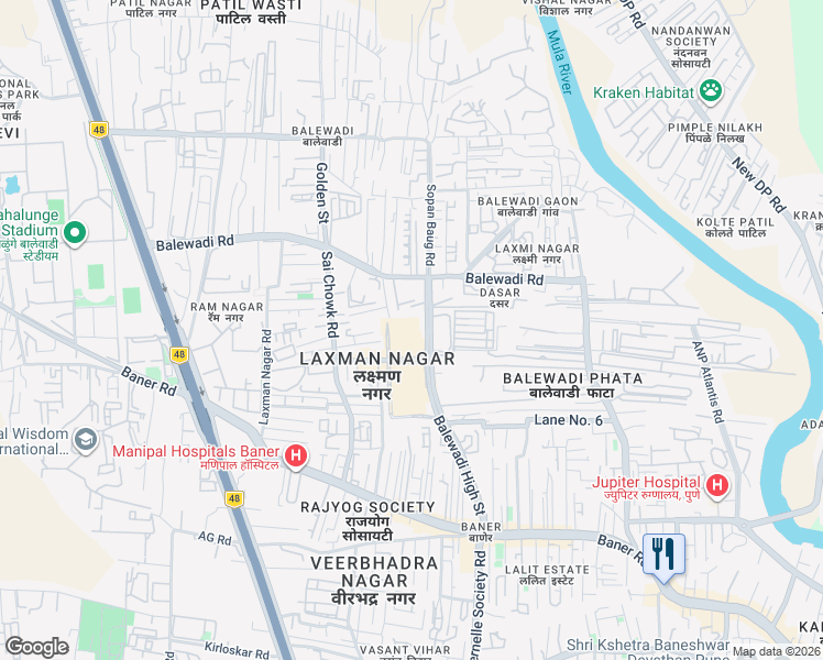 map of restaurants, bars, coffee shops, grocery stores, and more near 20 Balewadi High Street in Pune