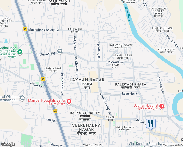 map of restaurants, bars, coffee shops, grocery stores, and more near 20 Balewadi High Street in Pune