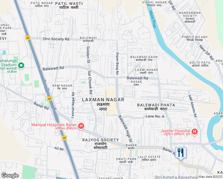 map of restaurants, bars, coffee shops, grocery stores, and more near Baner - Balewadi Road in Pune