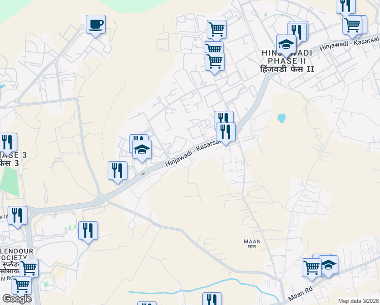 map of restaurants, bars, coffee shops, grocery stores, and more near Hinjawadi Phase 2 Road in Pimpri-Chinchwad