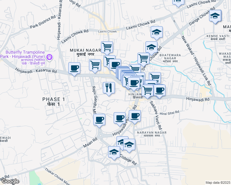map of restaurants, bars, coffee shops, grocery stores, and more near Hinjawadi Phase 2 Road in Pimpri-Chinchwad