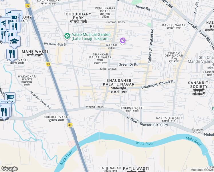 map of restaurants, bars, coffee shops, grocery stores, and more near Wakad Chowk Road in Pimpri-Chinchwad