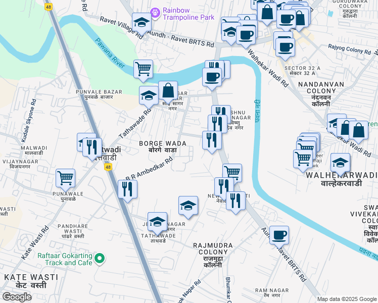 map of restaurants, bars, coffee shops, grocery stores, and more near 7 Plumeria Drive Street in Pimpri-Chinchwad