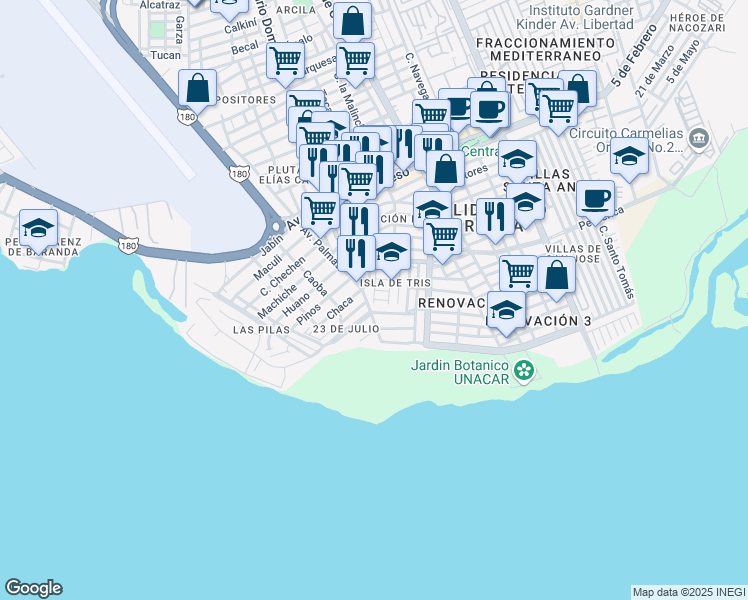 map of restaurants, bars, coffee shops, grocery stores, and more near Playa Bahamita in Ciudad del Carmen