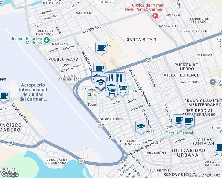map of restaurants, bars, coffee shops, grocery stores, and more near 38 Quintana Roo in Ciudad del Carmen