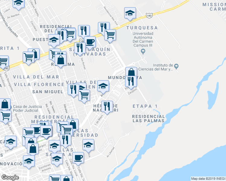 map of restaurants, bars, coffee shops, grocery stores, and more near 95 Heroes de Nacozari in Ciudad del Carmen