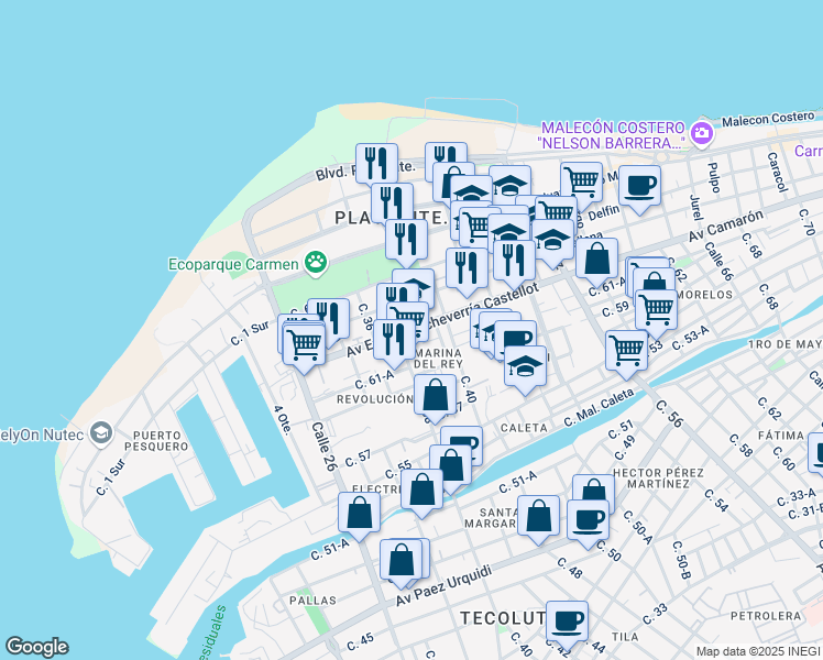 map of restaurants, bars, coffee shops, grocery stores, and more near Avenida Eugenio Echeverría Castellot in Ciudad del Carmen