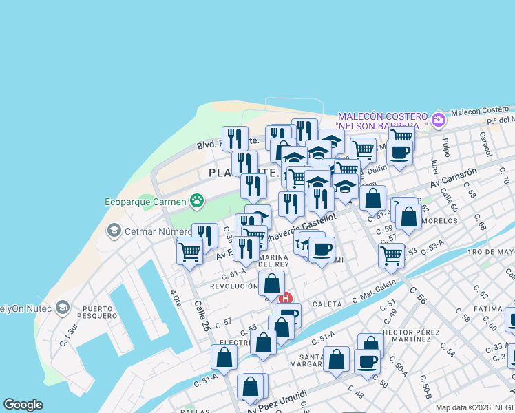 map of restaurants, bars, coffee shops, grocery stores, and more near Calle 67 in Ciudad del Carmen