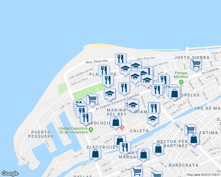 map of restaurants, bars, coffee shops, grocery stores, and more near Calle 67 in Ciudad del Carmen