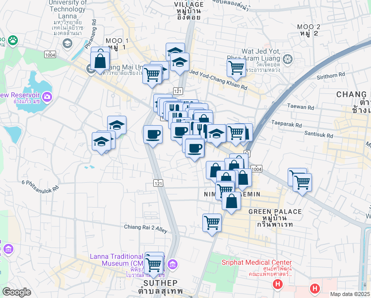 map of restaurants, bars, coffee shops, grocery stores, and more near Huay Kaew Soi 2 in Amphoe Mueang Chiang Mai