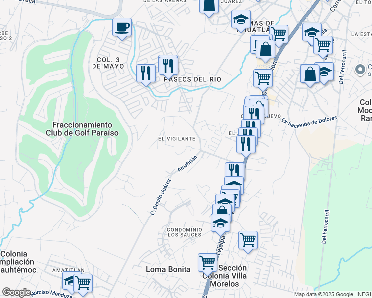 map of restaurants, bars, coffee shops, grocery stores, and more near De La Cruz in Emiliano Zapata