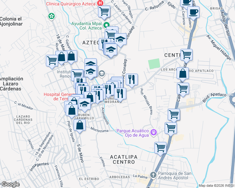 map of restaurants, bars, coffee shops, grocery stores, and more near 23 Plutarco Elías Calles in Temixco