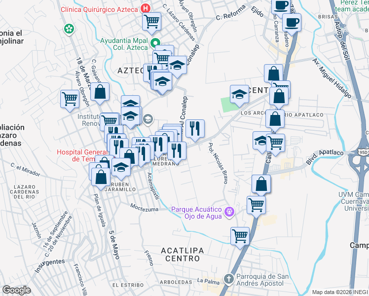 map of restaurants, bars, coffee shops, grocery stores, and more near 23 Plutarco Elías Calles in Temixco