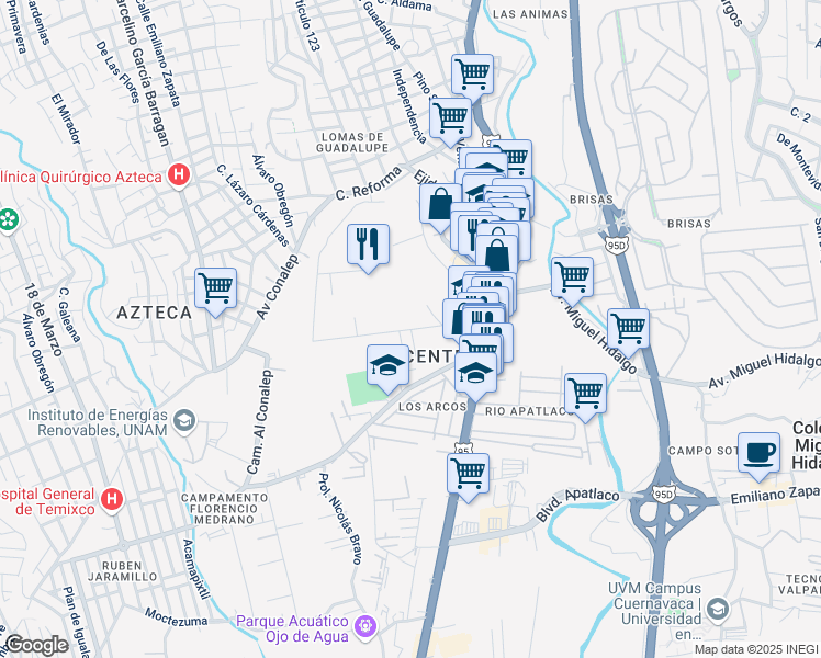 map of restaurants, bars, coffee shops, grocery stores, and more near Encamisadero in Temixco