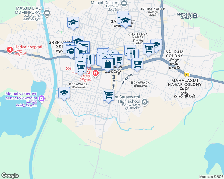 map of restaurants, bars, coffee shops, grocery stores, and more near Vellula Road in Metpally