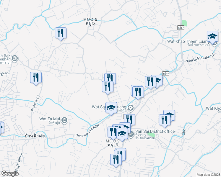 map of restaurants, bars, coffee shops, grocery stores, and more near สันทรายหลวง ซอย 5 in Tambon San Sai Luang
