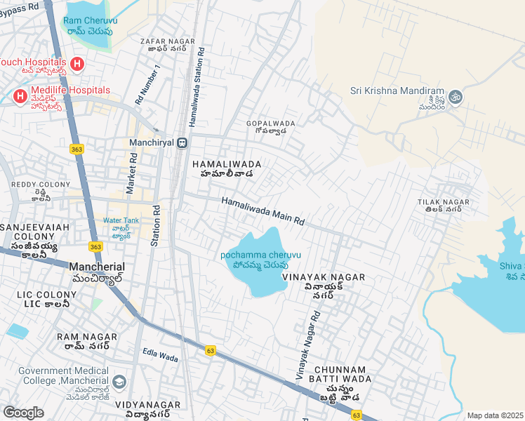 map of restaurants, bars, coffee shops, grocery stores, and more near Hamaliwada Main Road in Mancherial