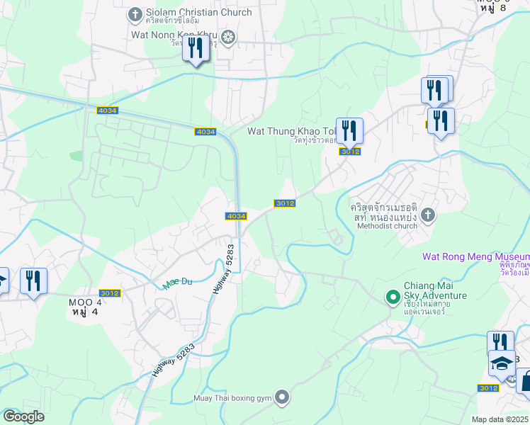 map of restaurants, bars, coffee shops, grocery stores, and more near ทางหลวงชนบท ชม.3012 in Tambon Mueang Len
