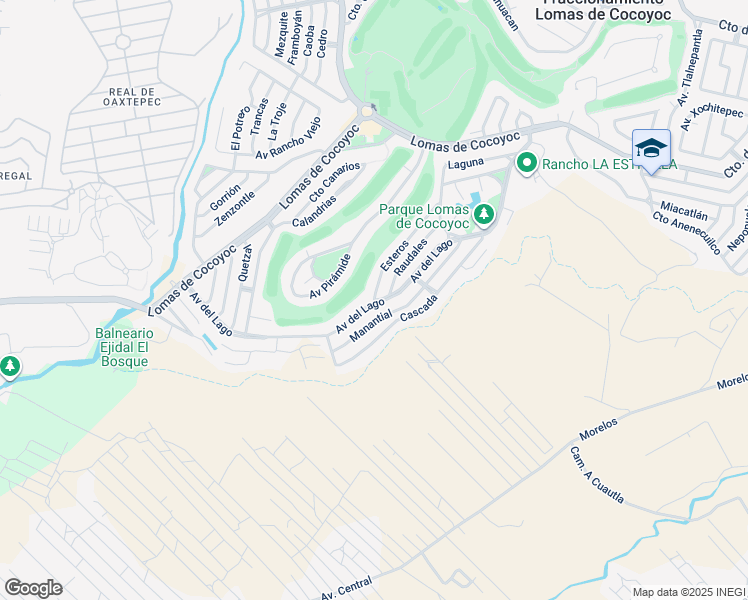 map of restaurants, bars, coffee shops, grocery stores, and more near Avenida del Lago in Fraccionamiento Lomas de Cocoyoc