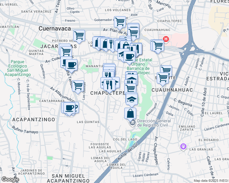 map of restaurants, bars, coffee shops, grocery stores, and more near 36 Calle Licenciado Isidro Fabela in Cuernavaca