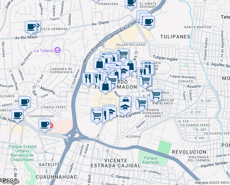 map of restaurants, bars, coffee shops, grocery stores, and more near 54 Nayarit in Cuernavaca