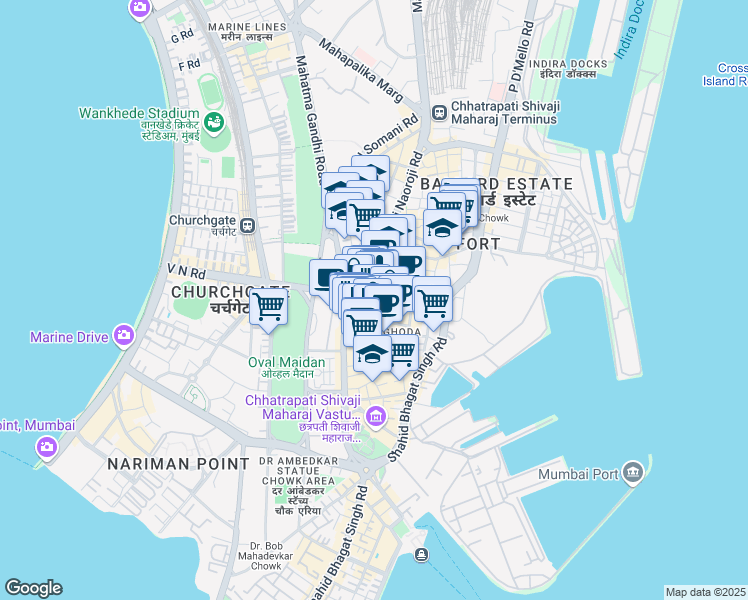 map of restaurants, bars, coffee shops, grocery stores, and more near Veer Nariman Road in Mumbai