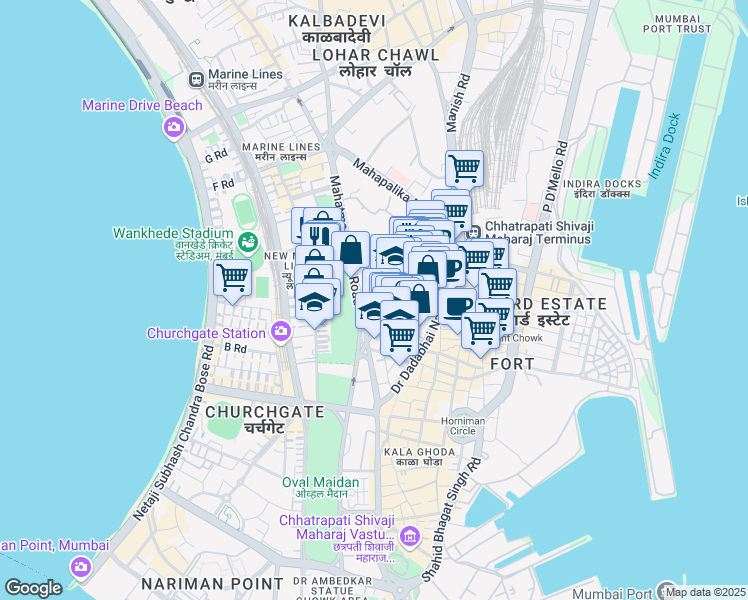 map of restaurants, bars, coffee shops, grocery stores, and more near Mahatma Gandhi Road in Mumbai