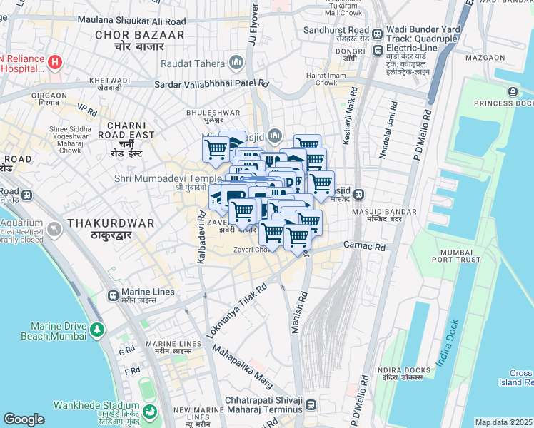 map of restaurants, bars, coffee shops, grocery stores, and more near Abdul Rehman Street in Mumbai