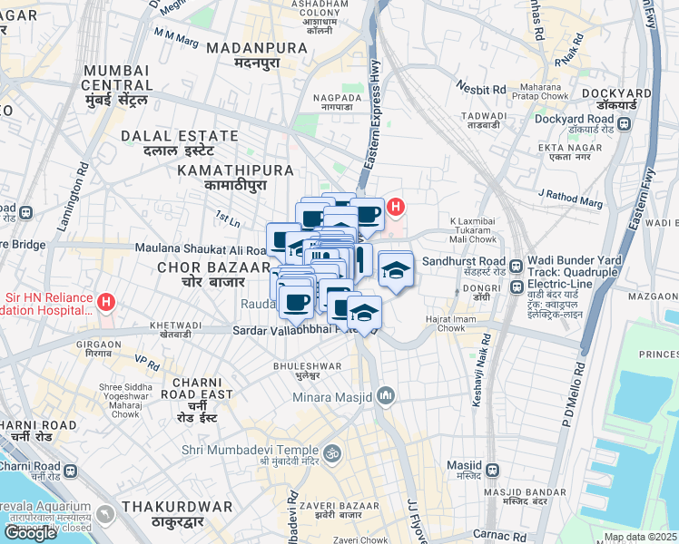 map of restaurants, bars, coffee shops, grocery stores, and more near Pakmodia Street in Mumbai