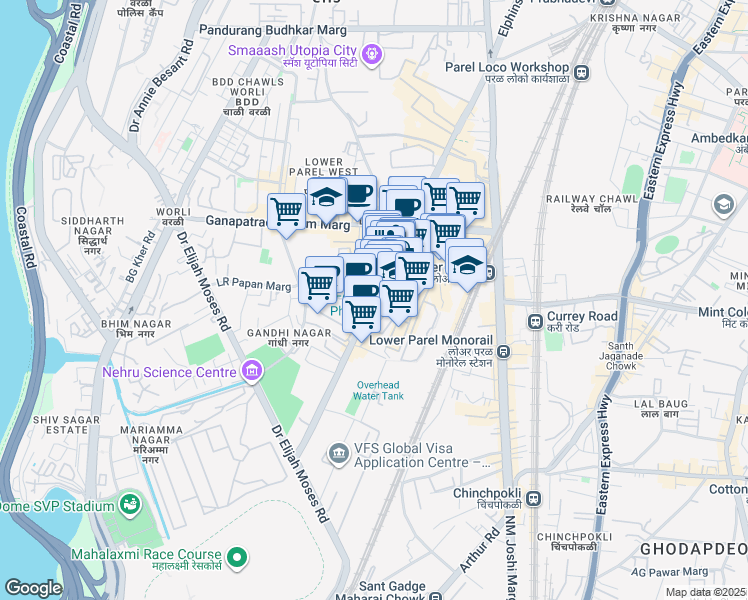 map of restaurants, bars, coffee shops, grocery stores, and more near 13 Senapati Bapat Marg in Mumbai