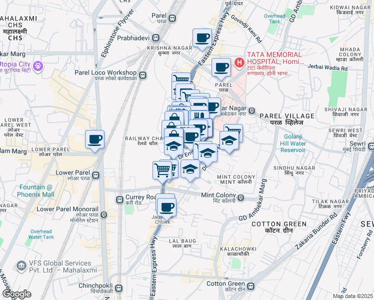 map of restaurants, bars, coffee shops, grocery stores, and more near 287 Doctor Baba Saheb Ambedkar Road in Mumbai
