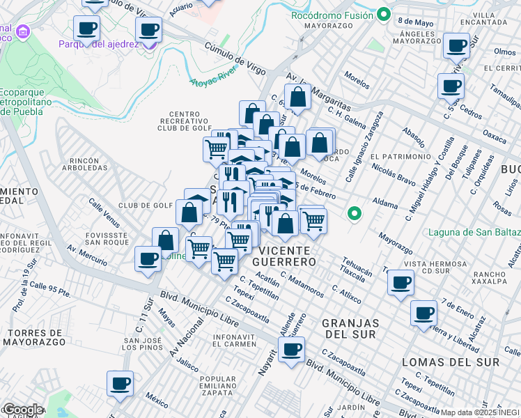 map of restaurants, bars, coffee shops, grocery stores, and more near Calle 13 B Sur in Heroica Puebla de Zaragoza