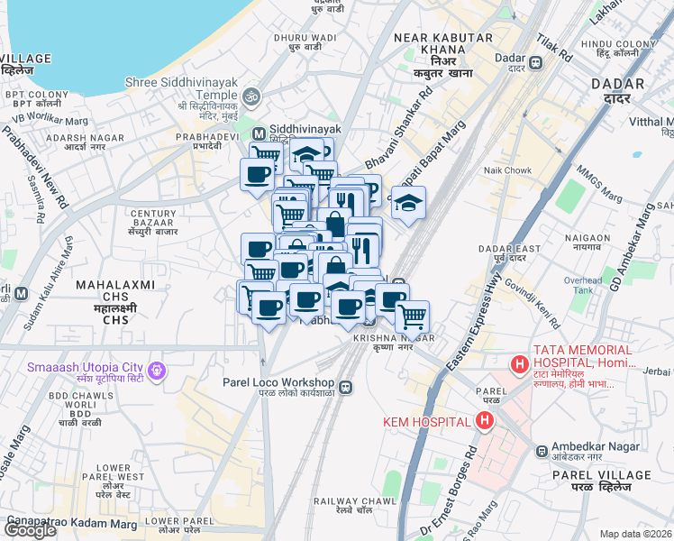 map of restaurants, bars, coffee shops, grocery stores, and more near Senapati Bapat Marg in Mumbai