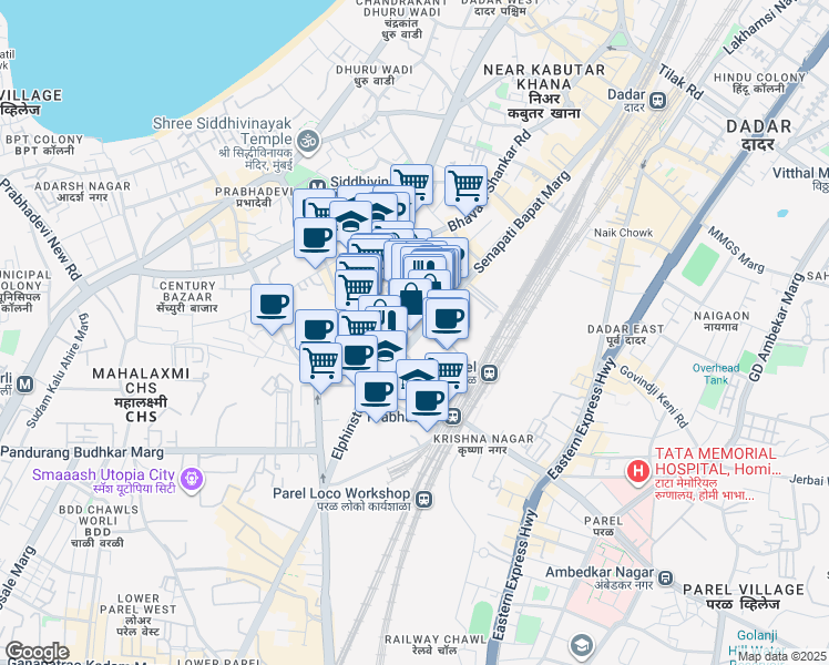 map of restaurants, bars, coffee shops, grocery stores, and more near 13 Senapati Bapat Marg in Mumbai