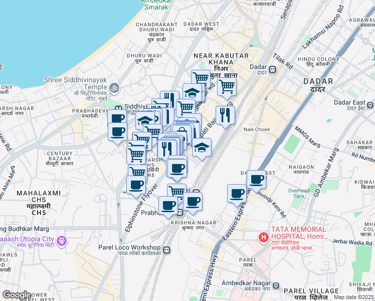 map of restaurants, bars, coffee shops, grocery stores, and more near Senapati Bapat Marg in Mumbai