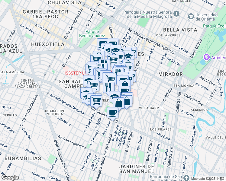 map of restaurants, bars, coffee shops, grocery stores, and more near 816 Eduardo Cue Merlo in Puebla