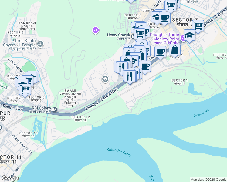 map of restaurants, bars, coffee shops, grocery stores, and more near Mumbai Highway in Navi Mumbai