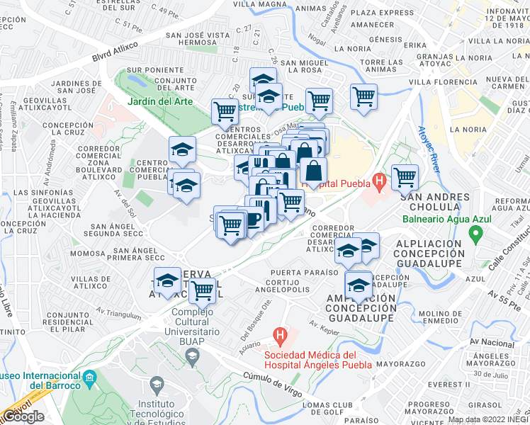 map of restaurants, bars, coffee shops, grocery stores, and more near 2501 Boulevard del Niño Poblano in Heroica Puebla de Zaragoza