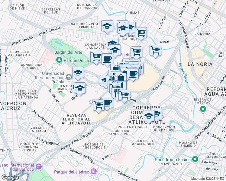 map of restaurants, bars, coffee shops, grocery stores, and more near 1539 Camino a San Miguel in Heroica Puebla de Zaragoza