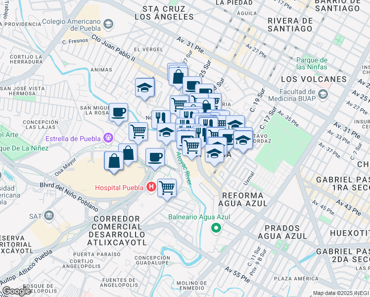 map of restaurants, bars, coffee shops, grocery stores, and more near 1755 Circuito Juan Pablo II in Heroica Puebla de Zaragoza