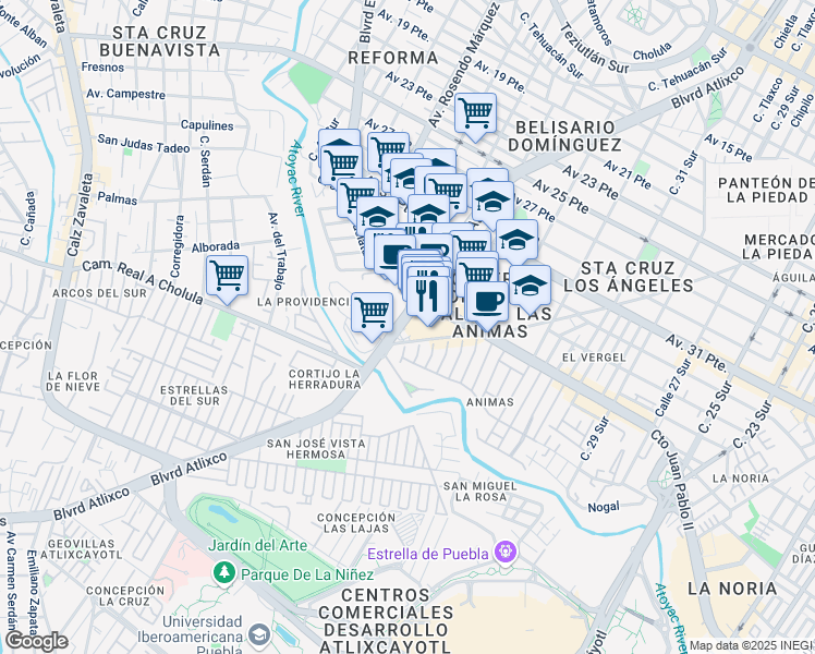 map of restaurants, bars, coffee shops, grocery stores, and more near 3915 Boulevard Atlixco in Heroica Puebla de Zaragoza
