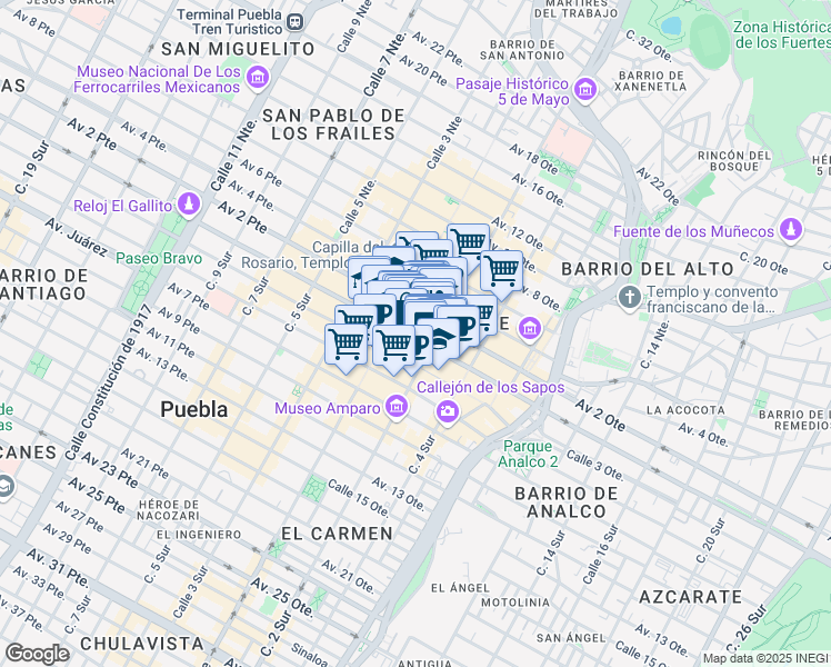 map of restaurants, bars, coffee shops, grocery stores, and more near 14 Avenida Don Juan de Palafox y. Mendoza in Heroica Puebla de Zaragoza