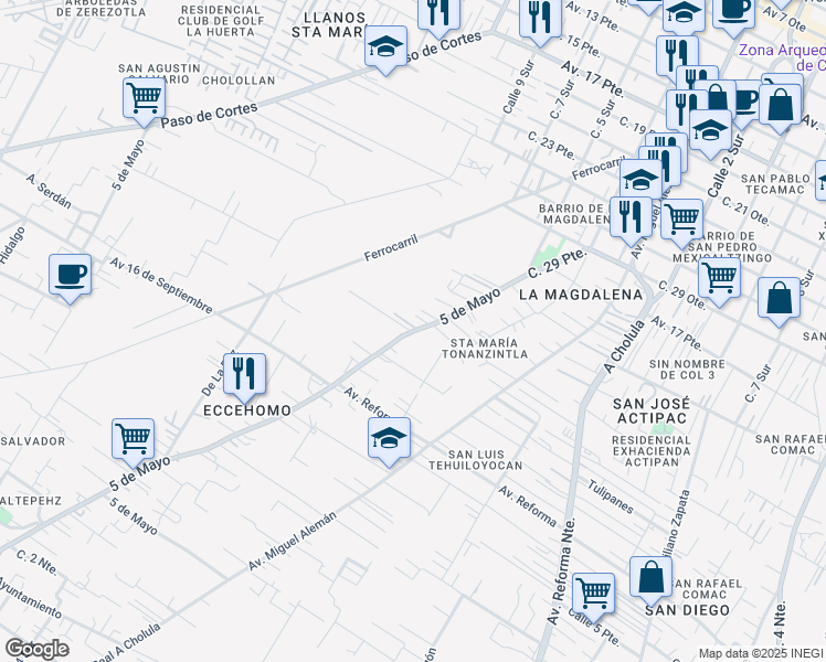 map of restaurants, bars, coffee shops, grocery stores, and more near 1106 5 de Mayo in Cholula de Rivadavia
