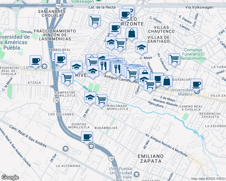 map of restaurants, bars, coffee shops, grocery stores, and more near 29 Avenida Morillotla in San Andrés Cholula